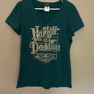 Harley Davidson Green V Neck T-Shirt Woman’s Lg Brandon Florida